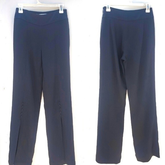 JONATHAN SIMKHAI Black Satin Combo Front Slit Pants with Button Detail sz 2 - Picture 2 of 11